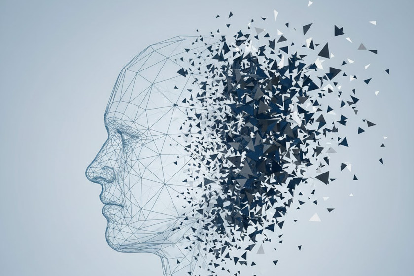 Profilo maschile stilizzato che si frammenta, simboleggiando la rottura della personalità e i disturbi mentali, in contesto clinico-forense.