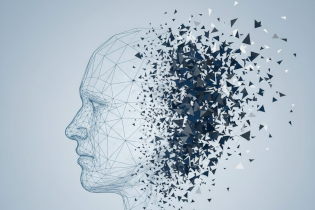 Profilo maschile stilizzato che si frammenta, simboleggiando la rottura della personalità e i disturbi mentali, in contesto clinico-forense.